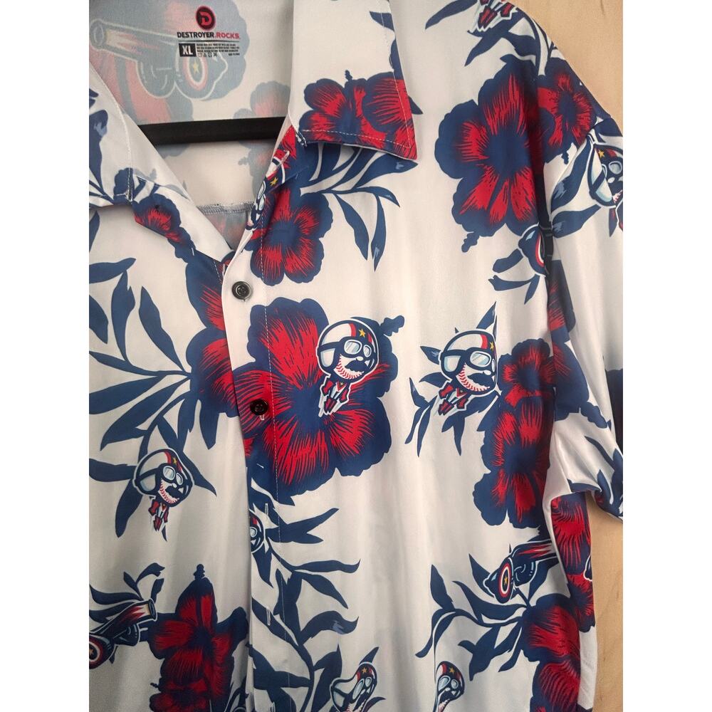 Destroyer Rocks XL Hawaiian Shirt Red White Blue Floral Cannon Aviator aloha - Picture 5 of 7